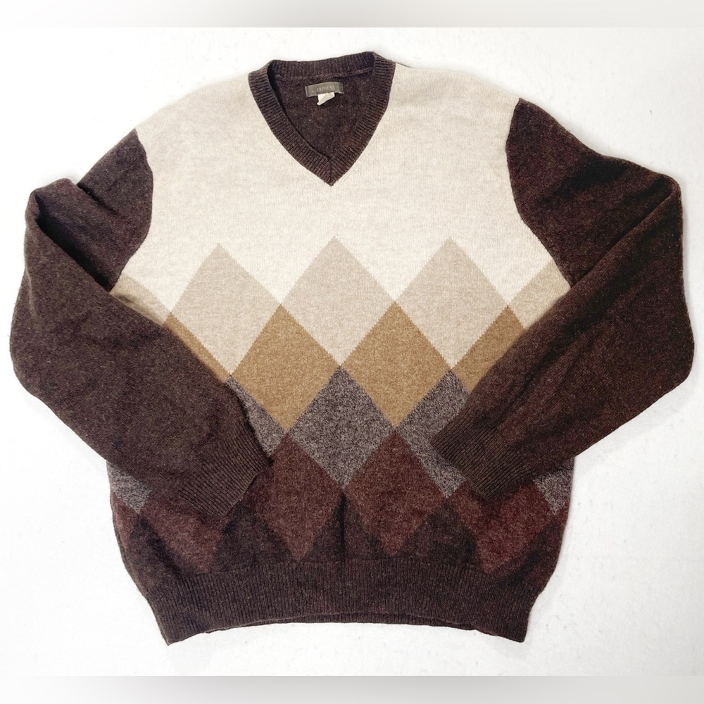 Express Men’s 100% Lambs Wool Diamond Print Sweater Brown Grandpa Sweater Warm